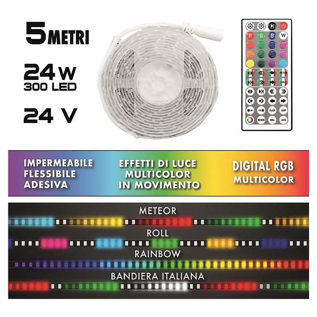 KIT STRIP LED DIGITALE 24W 300 LED RGB 24V 5m CON ALIMENTATORE E TELECOMANDO IP54 | Tecnomat KIT STRIP LED DIGITALE 24W 300 LED RGB 24V 5m CON ALIMENTATORE E TELECOMANDO IP54 | Tecnomat