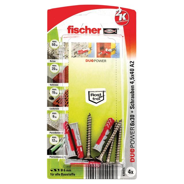 TASSELLI DUOPOWER BI-MATERIALE FISCHER 10 K 10x50 mm 4 PEZZI CON VITE 7x60 mm | Tecnomat TASSELLI DUOPOWER BI-MATERIALE FISCHER 10 K 10x50 mm 4 PEZZI CON VITE 7x60 mm | Tecnomat