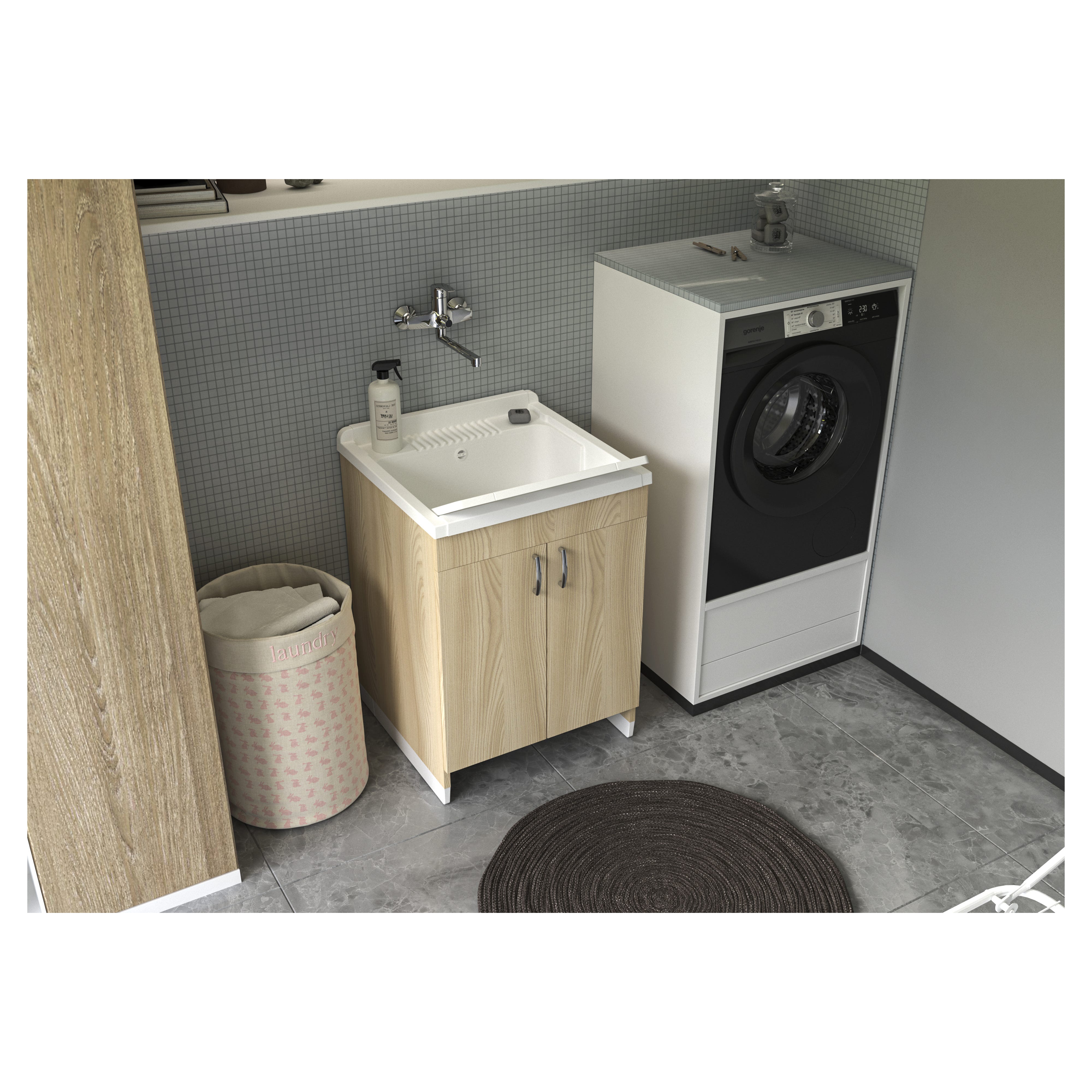 Mobile Lavatoio Delmar 60x60x85 Cm In Legno Nobilitato Grigio – Con Sportello Push E Lavabo In Resina, Made In Italy