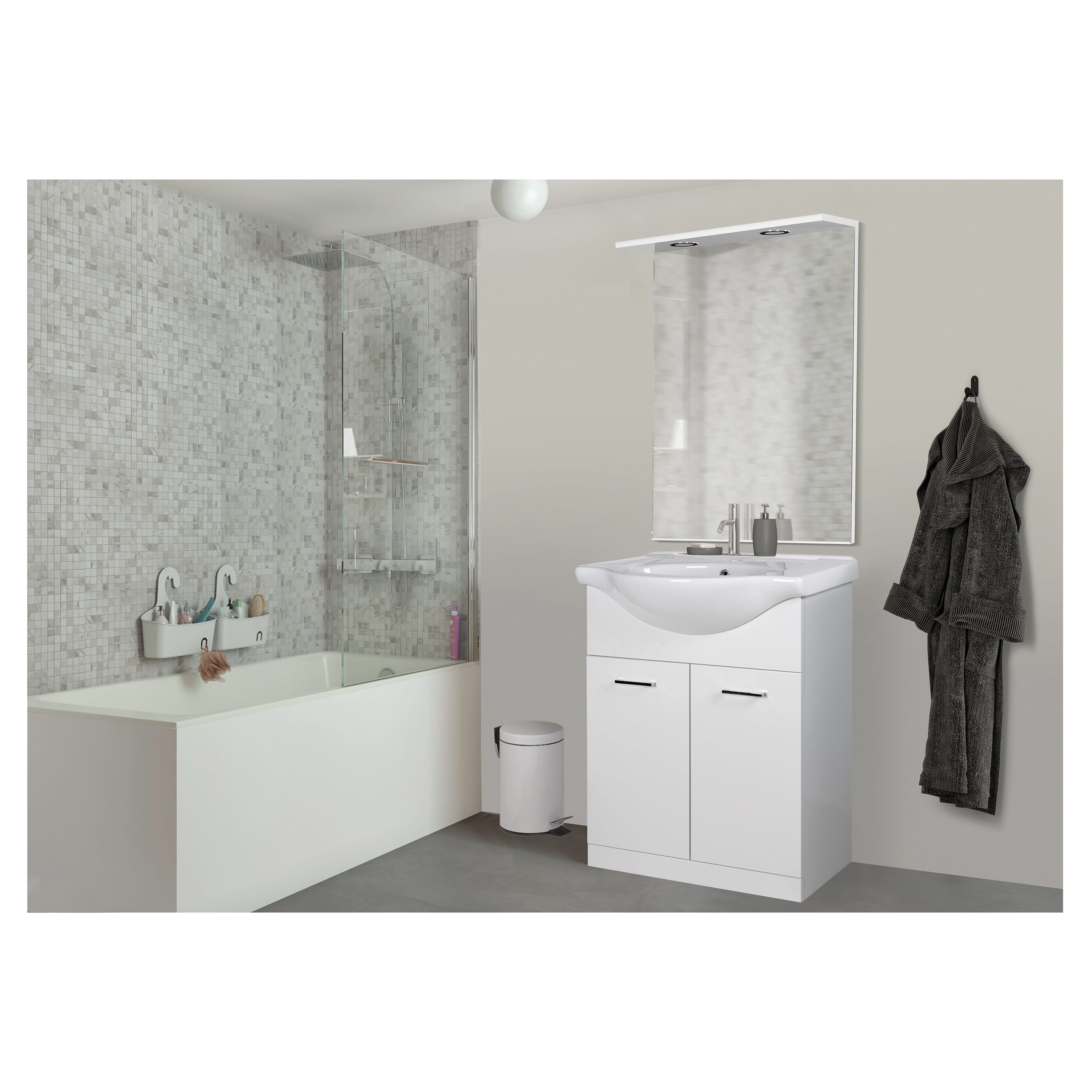 Deftrans Lavabo con mobiletto in piedi, set di mobili da bagno, 85 x 75 x 34 cm, bianco lucido, mobiletto con lavabo e rubinetto con spina a clic, programmi completi per il