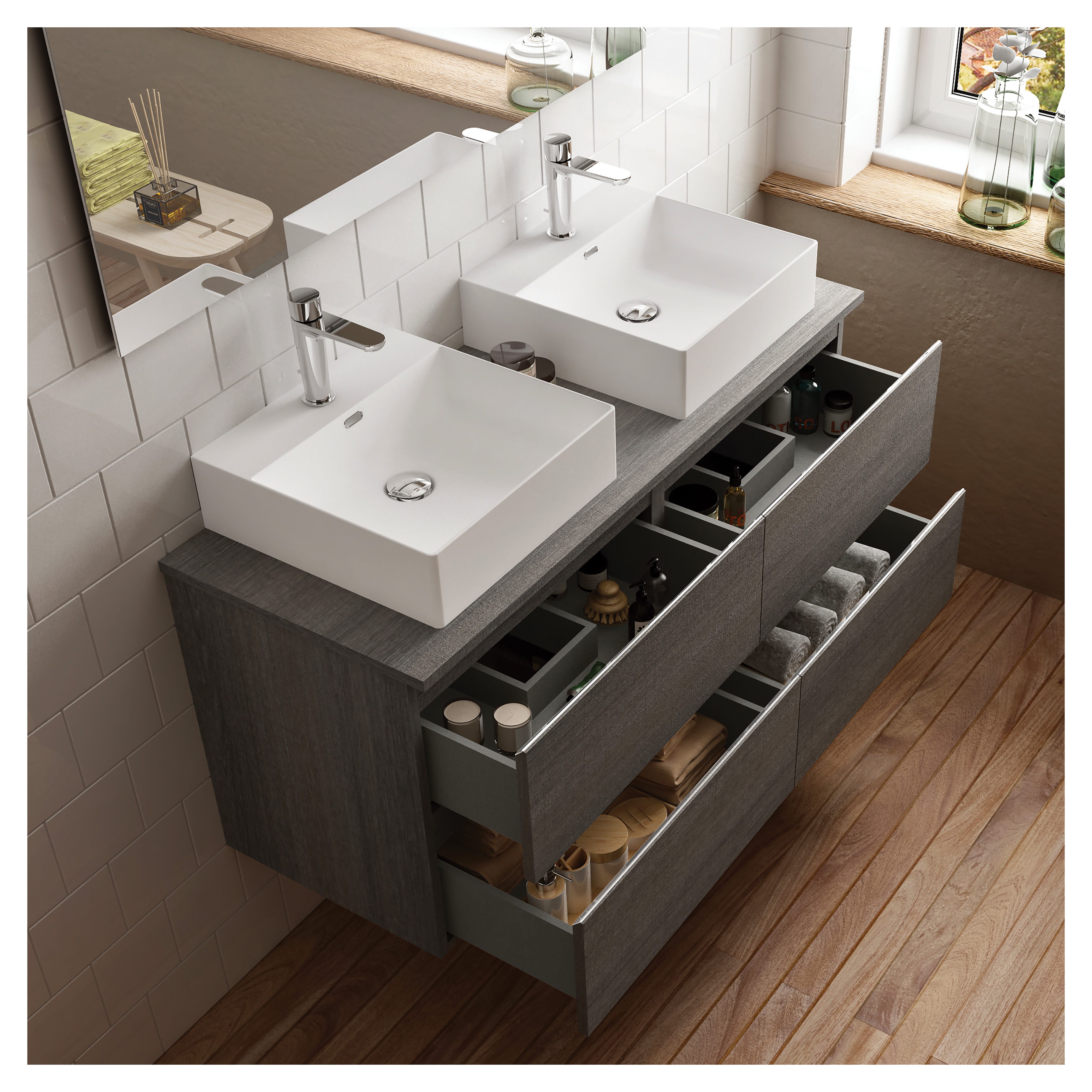 Meuble Vasque Salle De Bain 3 Pièces - Colonne + Panneaux En Bois Vieilli 5 Mm (neuf)