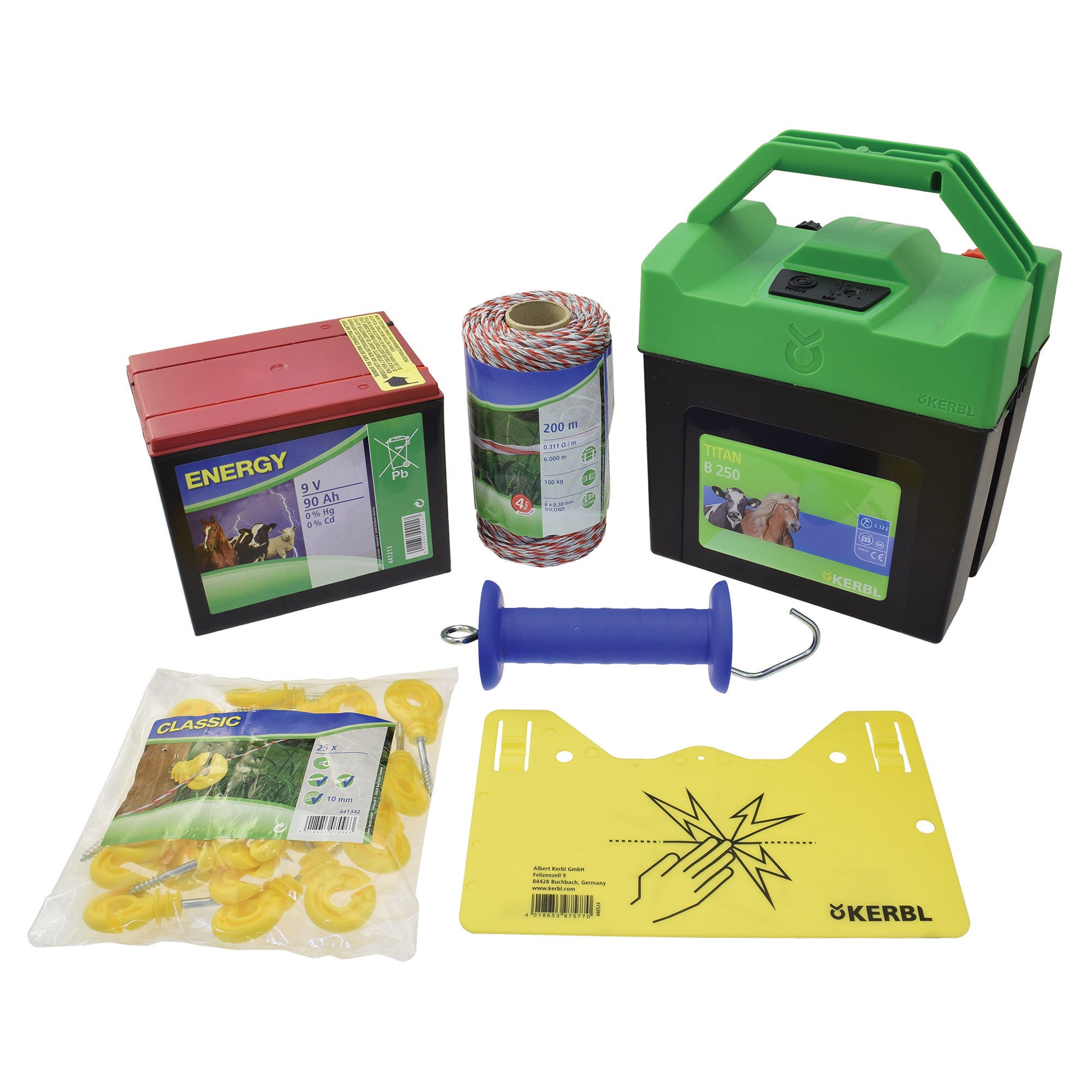 Kit Recinto Elettrico 1x Elettrificatore B12 A Batteria 12V O Corrente 220v 1x Filo 250mt 2 2mm 100 Isolatori Legno