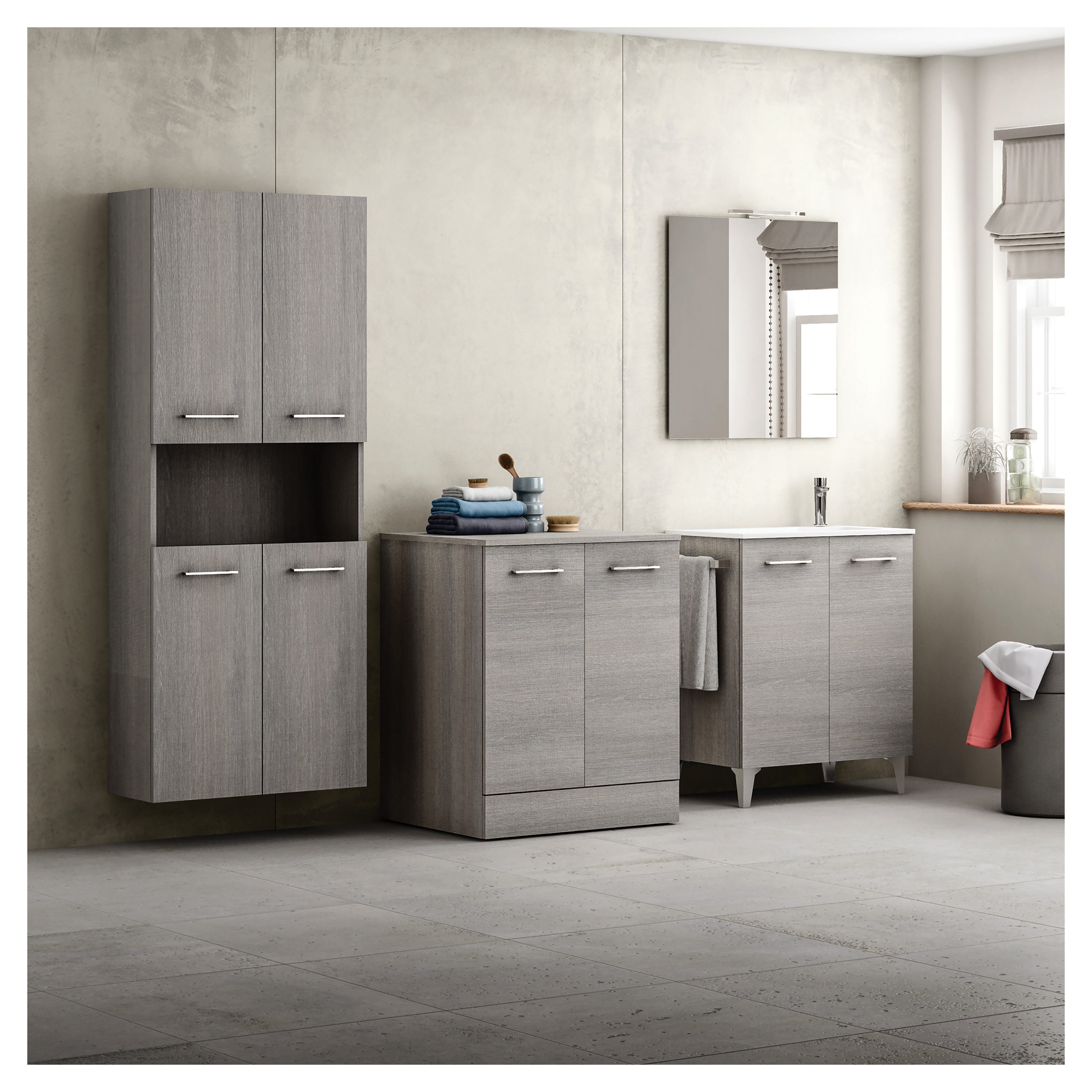 Armadietto Per Lavatrice In Legno - Grigio Cemento, 190x64x25.5 Cm - Con 2 Ante E 3 Ripiani - Foto 12