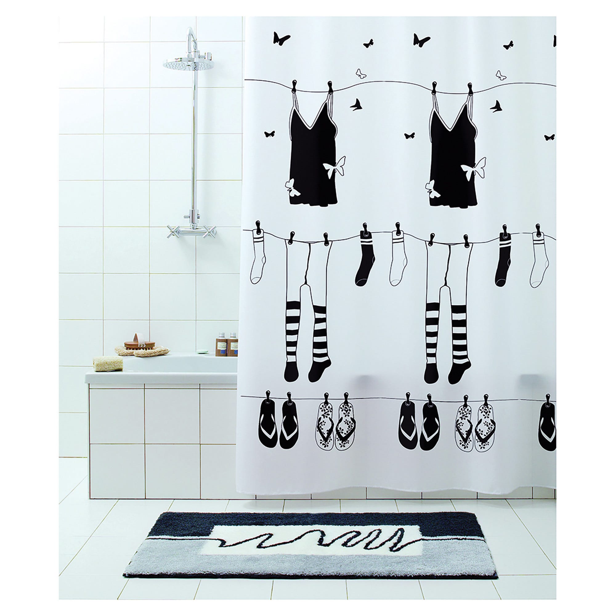 Tenda Doccia WELMECO Nero E Oro Con Ragazza – Tessuto Poliestere 182x182 Cm Con Ganci Inclusi