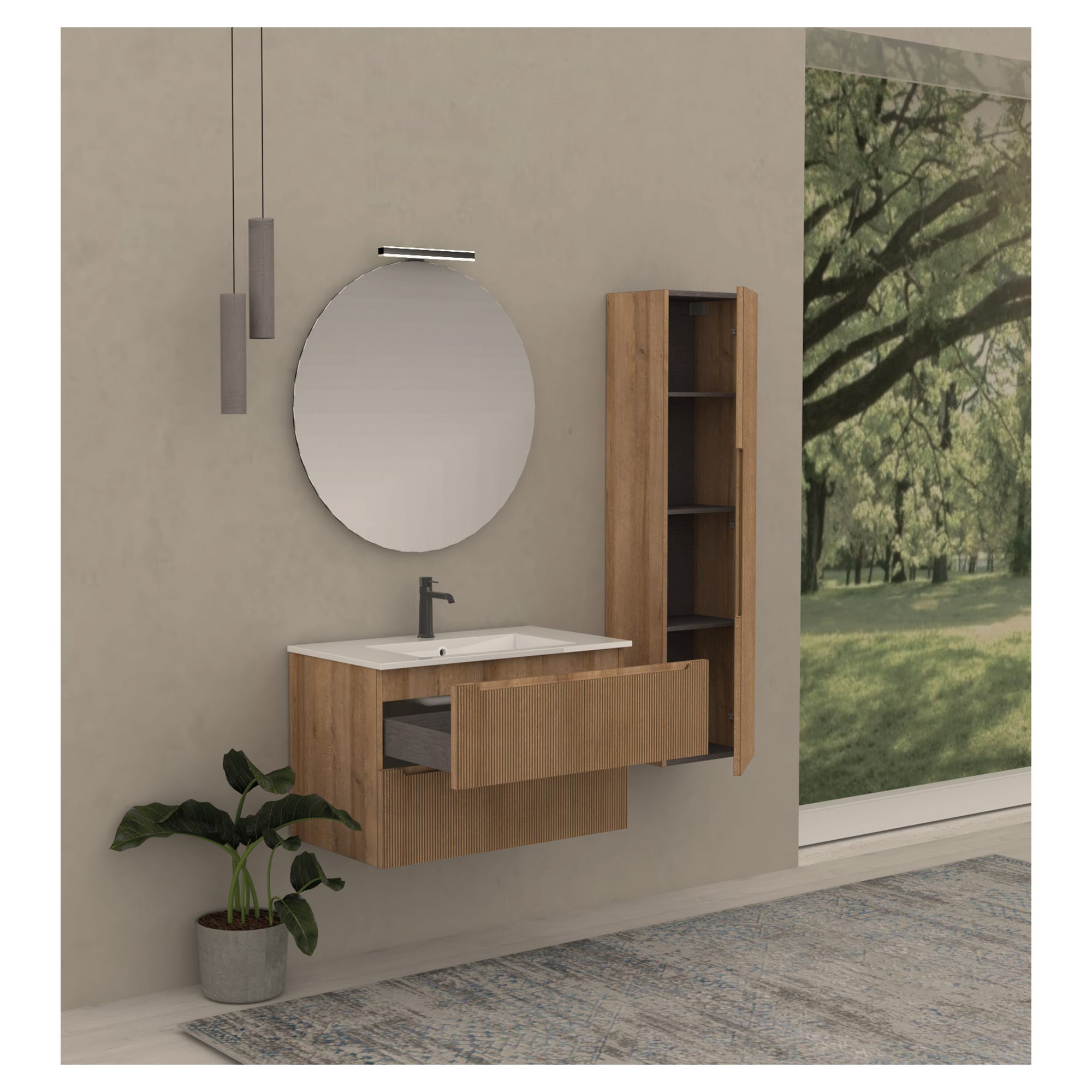 Muebles Slavic Mobile da bagno sospeso sotto il lavabo, 100 cm, 2 cassetti e 2 ripiani, in cemento/rovere