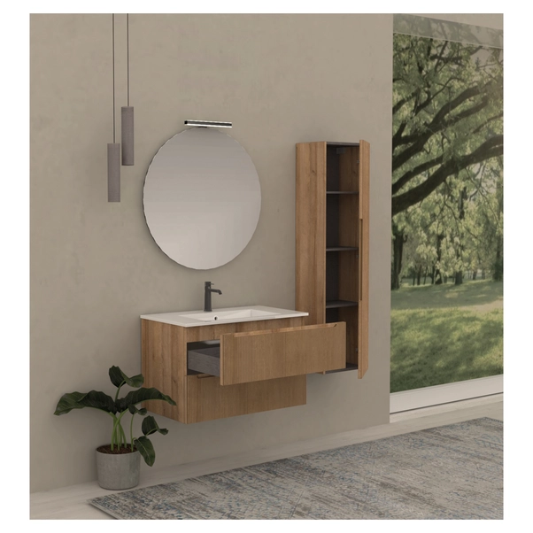 Muebles Slavic Mobile da bagno sospeso sotto il lavabo, 100 cm, 2 cassetti e 2 ripiani, in cemento/rovere Muebles Slavic Mobile da bagno sospeso sotto il lavabo, 100 cm, 2 cassetti e 2 ripiani, in cemento/rovere
